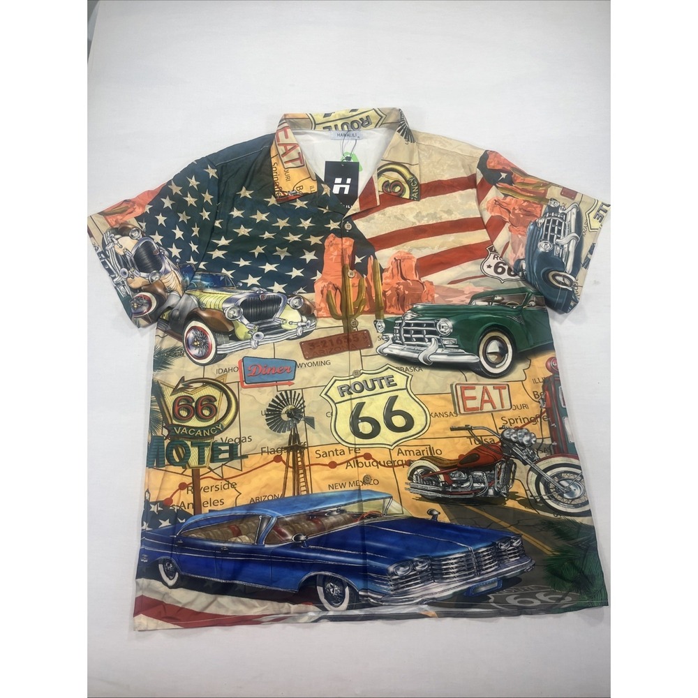 Hawalili Route 66 Graphic Button Shirt XL Americana Cars Motorcycles USA‎